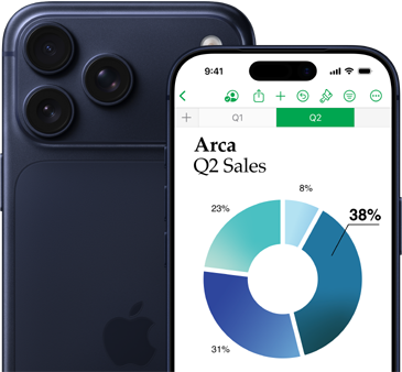 En större iPhone 17 Pro-modell som visar baksidan av telefonen och kameran. Framför finns en mindre iPhone 17 Pro som visar skärmen med ett diagram och Numbers-funktioner