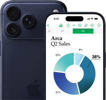 En större iPhone 17 Pro-modell som visar baksidan av telefonen och kameran. Framför finns en mindre iPhone 17 Pro som visar skärmen med ett diagram och Numbers-funktioner