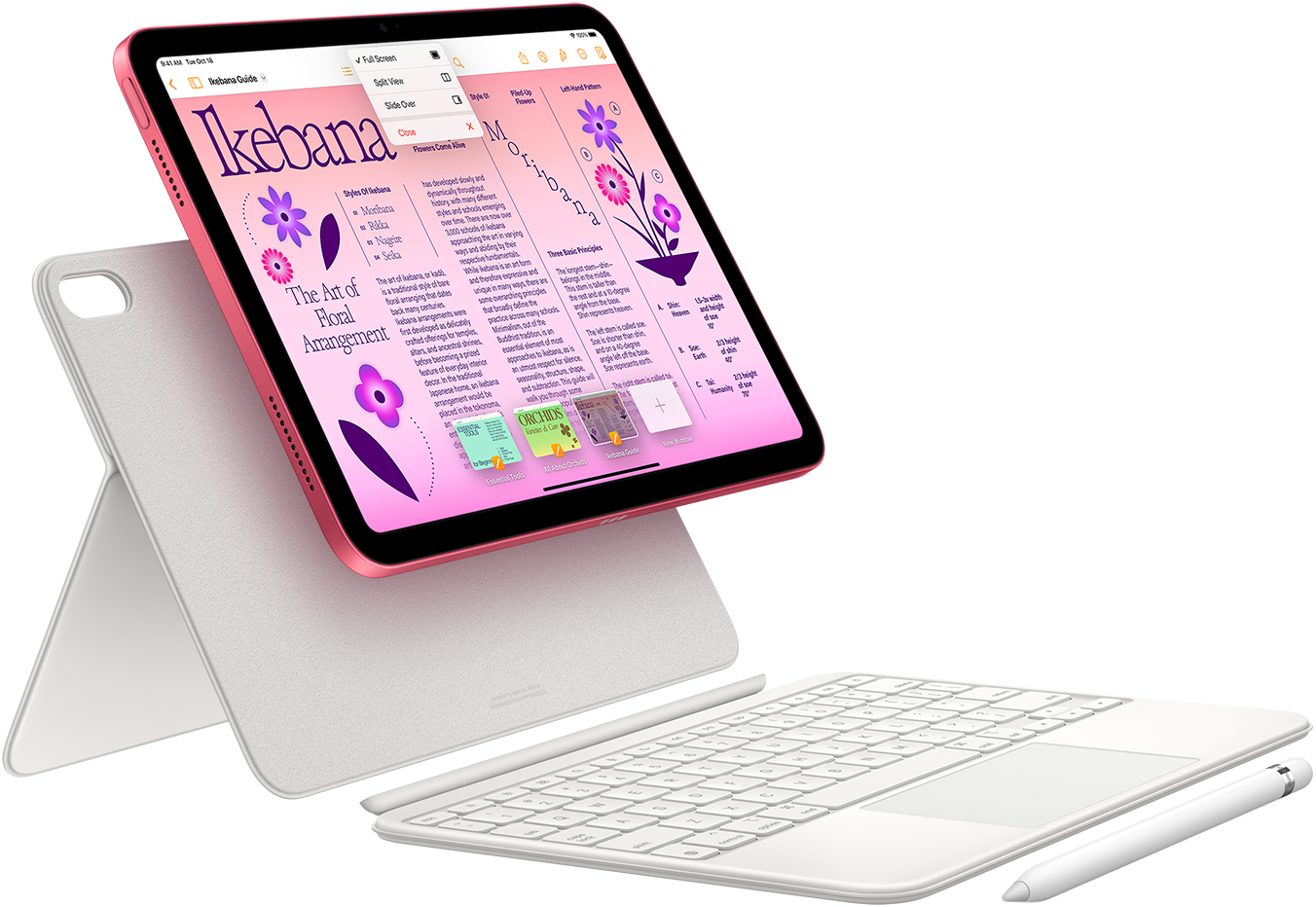 Visar iPad, Magic Keyboard Folio och Apple Pencil.
