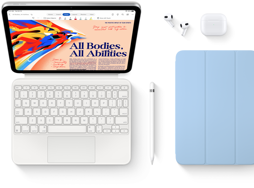 iPad, Magic Keyboard Folio, Apple Pencil, AirPods och Smart Folio visas.