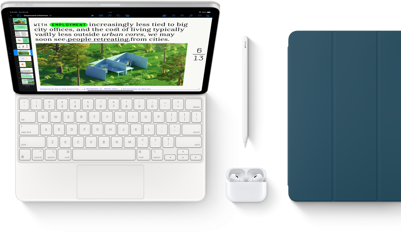 Smart Keyboard Folio, Apple Pencil, AirPods Pro og iPad-deksel i marineblå