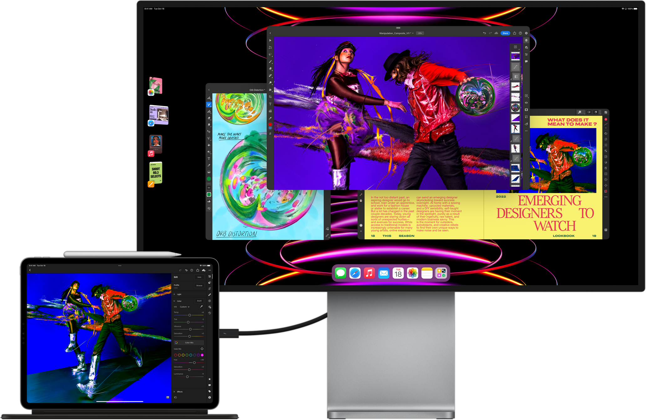 En iPad Pro, der viser appen Adobe Lightroom, er tilsluttet en ekstern skærm, der viser multitasking med Organisator