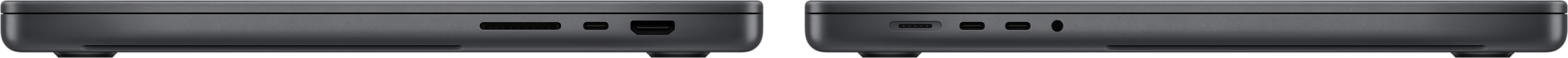MacBook Pro sett fra siden, som viser SDXC-kortplassen, tre Thunderbolt 4-porter, HDMI-porten, MagSafe 3-ladeporten og hodetelefonutgangen.