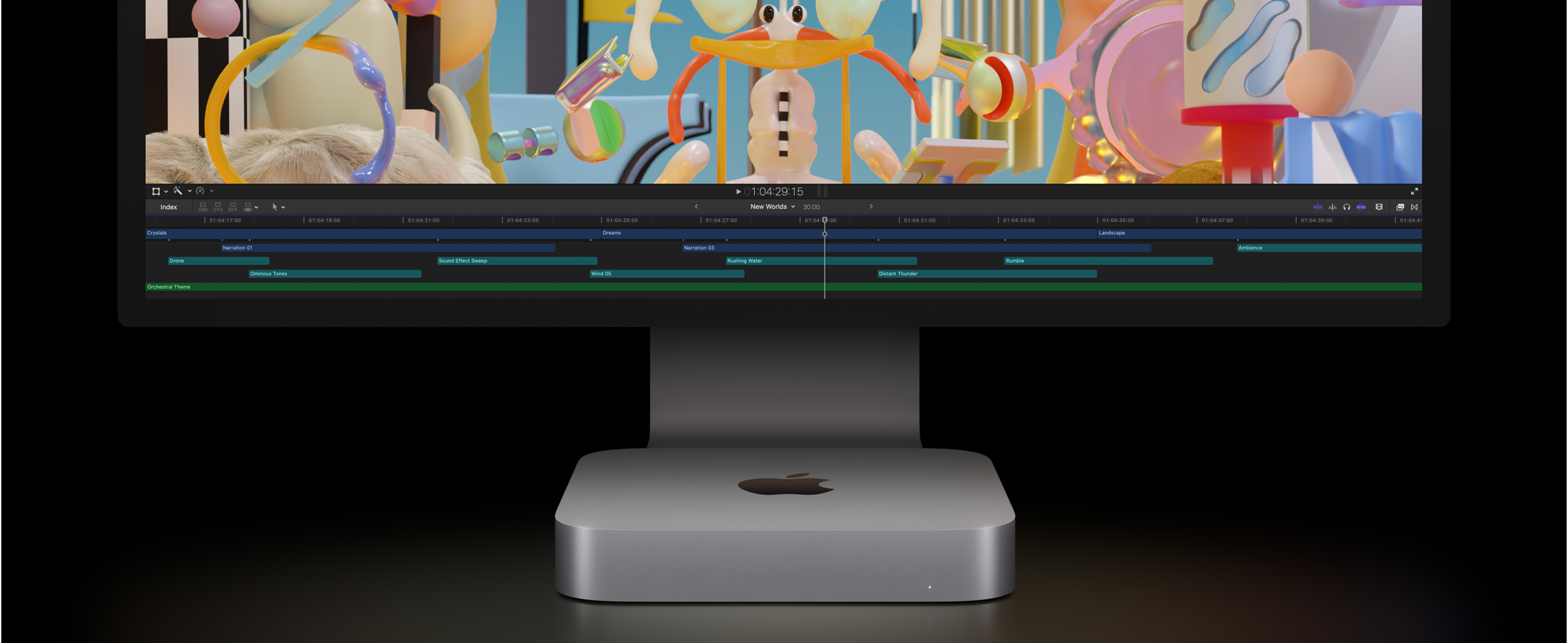 Mac mini og Studio Display set forfra med et videoredigeringsprojekt i Final Cut Pro.