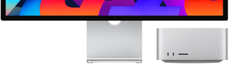 Nærbillede af forsiden af Mac Studio ved siden af Studio Display. Mac Studio passer perfekt under Studio Displays nederste kant.