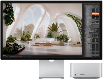 Studio Display set forfra ved siden af Mac Studio