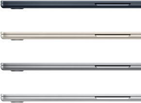 Fyra bärbara MacBook Air visar de finishar som finns: midnatt, stjärnglans, rymdgrått och silver