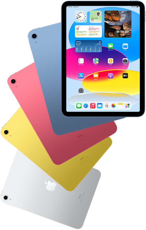 En iPad set forfra med synlig hjemmeskærm. Bag den ses fire iPad-bagsider i blå, lyserød, gul og sølv.