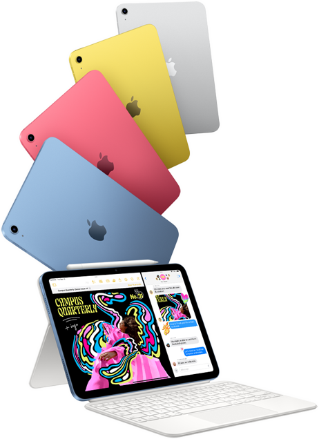 iPad i farverne blå, lyserød, gul og sølv og en iPad, der er sat på et Magic Keyboard Folio.