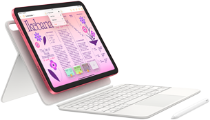 Visar iPad, Magic Keyboard Folio och Apple Pencil.