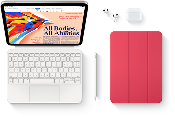Kuvassa iPad, Magic Keyboard Folio, Apple Pencil, AirPods ja Smart Folio.