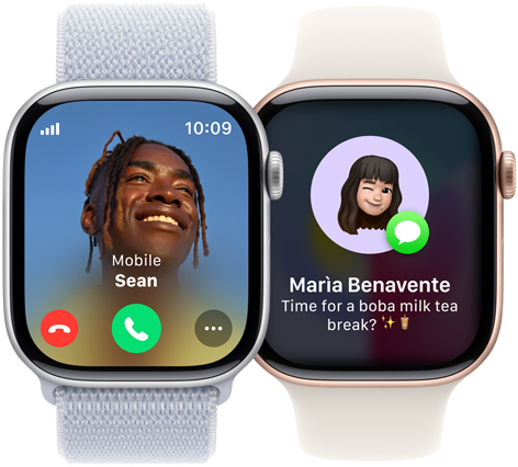 Et innkommende anrop vises på en Apple Watch Series 10, mens en innkommende tekstmelding vises på en annen Apple Watch Series 10.