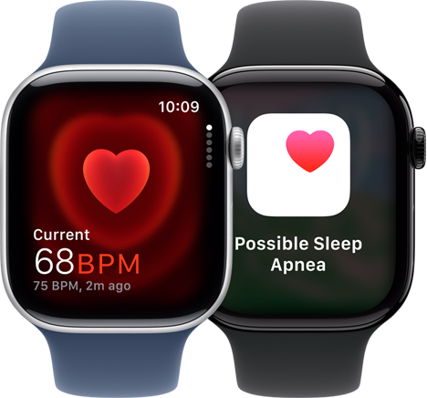 Puls-appen viser en puls på 68 slag i minuttet, og varslinger om søvnapné vises på to Apple Watch Series 10-enheter.