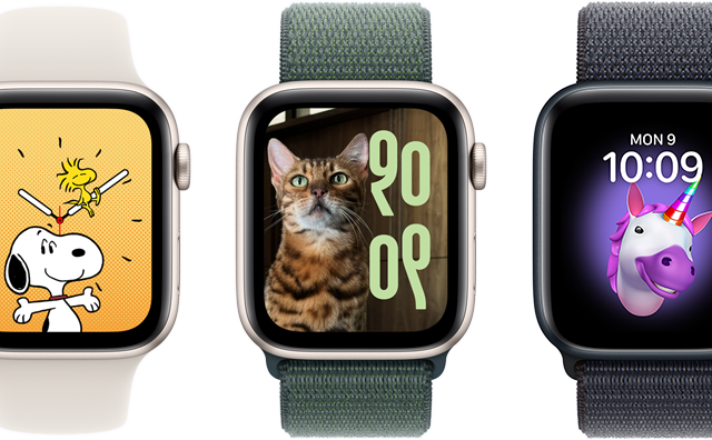 Eksempler på urskiver, inklusive Memoji, Fotos, Portræt og Nuser, på seks Apple Watch-enheder