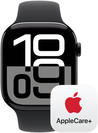 Apple Watch Series 10 AppleCare+-logon vieressä, edustaa AppleCare+-turvaa