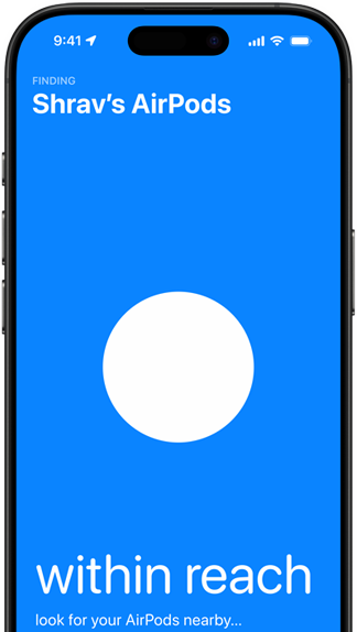 iPhone, näytössä AirPods-kuulokkeita etsitään Etsi-apilla