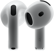 AirPods 4 ‑kuulokkeet, etu- ja takanäkymissä näkyvillä uusi muotoilu