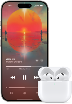 iPhone ved siden av AirPods Pro i ladeetui, etuiet er åpent