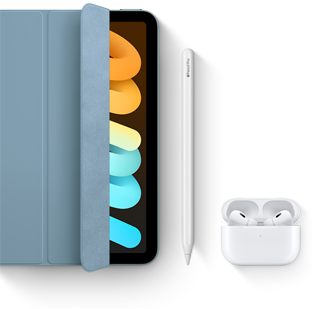 iPad mini vises sammen med Smart Folio, Apple Pencil Pro og AirPods Pro