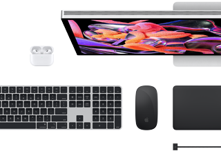 Tilbehør til Mac: AirPods, Studio Display, Magic Keyboard, Magic Mouse, Magic Trackpad, MagSafe-opladerkabel i space black