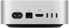 Sølvfarvet Mac mini vist bagfra med porte på bagsiden: en HDMI-port, en Ethernet-port, tre Thunderbolt-porte og en strømport