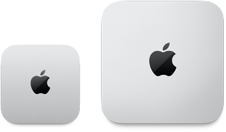 Billede ovenfra af en 2024-model af en sølvfarvet Mac mini med Apple-logo ved siden af en 2023-model af en sølvfarvet Mac mini med Apple-logo for at vise størrelsesforskellen