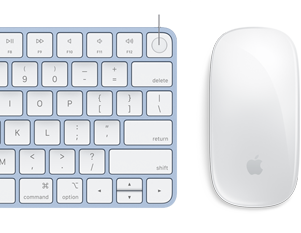 Nærbillede af Magic Keyboard og Magic Mouse i matchende farver med fokus på Touch ID-fingeraftryk