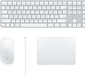 Ett skrivbord med tillbehören Magic Mouse, usb-c-kabel, Magic Trackpad och Magic Keyboard med numerisk del