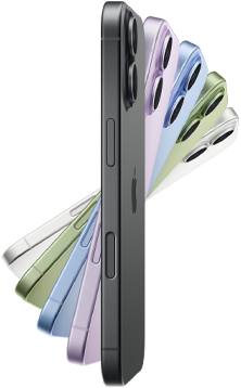 iPhone 17, fra siden, fem farger: svart, lavendel, duggblå, salviegrønn og hvit.