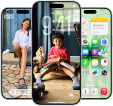 iPhone 17, fra forsiden, Dynamic Island i midten nær toppen, tre farger: duggblå, lavendel, salviegrønn