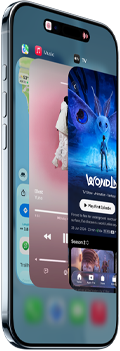 iPhone Air, etupuoli, sivupinta, ohut profiili, Dynamic Island keskellä lähellä yläreunaa, apinvaihtaja-ominaisuus käytössä, painikkeet: toiminto, äänenvoimakkuus