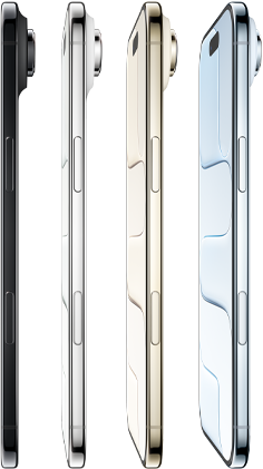 iPhone Air, sivupinta, kaikki neljä värivaihtoehtoa, taivaansininen, vaalea kulta, poudanvalkea, tähtimusta, erittäin ohut profiili, Fusion-kamerajärjestelmä, painikkeet: sivu, Kamerasäädin