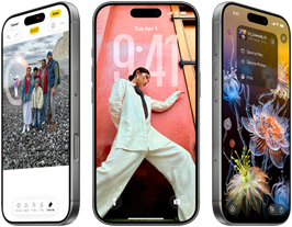 Kolme iPhone 17 Pro ‑mallia, etupuolet, vierekkäin, esillä iOS 26, liquid glass ‑tehoste ja Apple Intelligence ‑ominaisuus