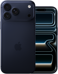 Vierekkäin, iPhone 17 Pro Max, taustapuoli, ammattitason kamerajärjestelmä, 3 linssiä, mikrofoni, salama, värinä mustansininen, iPhone 17 Pro, etupuoli, täysnäyttö, värinä mustansininen