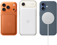 iPhone 17 Pro, taustapuoli, värinä kosminen oranssi, sienanvärinen silikonikuori ja kettuoranssi FineWoven-lompakko MagSafella; iPhone Air, taustapuoli, värinä poudanvalkea, Magsafe-akku; iPhone 17, taustapuoli, värinä kuura, ankkurinsininen silikonikuori ja MagSafe-laturi