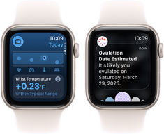kaksi Apple Watch SE 3 ‑laitetta tähtivalkeassa alumiinikuoressa, näytöillä näkyy Elintoiminnot-appi