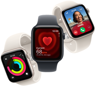 Kolme Apple Watch SE 3 ‑laitetta leijuu vierekkäin