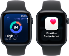 Kaksi Apple Watch SE 3 ‑laitetta keskiyönvärisessä alumiinikuoressa, näytöillä näkyy unitulos ja ilmoitus mahdollisesta uniapneasta