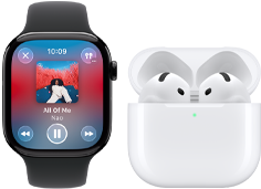Apple Watch Series 11, liuskekiven värinen titaanikuori, ranneke: musta urheiluranneke, Musiikki-appi avoinna, yhdistetty pariksi AirPods 4 ‑kuulokkeiden kanssa