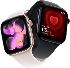 Apple Watch Series 11, ruusukullan värinen alumiinikuori, reagoiva taidekellotaulu, näkymä oikeasta sivusta: Digital Crown, mikrofoni, sivupainike, punanhäivän värinen urheiluranneke, Apple Watch Series 11, peilimusta alumiinikuori, Syke-appi, nykyinen syke minuuttia kohden, näkymä oikeasta sivusta: Digital Crown, musta urheiluranneke