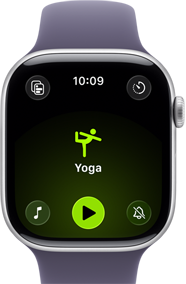 Apple Watch Series 11, hopeanvärinen alumiinikuori, joogatreeni avoinna, näkymä oikeasta sivusta: Digital Crown, usvanvioletti urheiluranneke