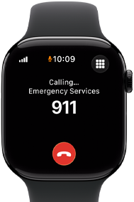 Apple Watch Series 11, peilimusta alumiinikuori, näytöllä näkyvillä soitto hätänumeroon, näkymä oikeasta sivusta: Digital Crown, musta urheiluranneke