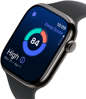 Lähikuva Apple Watch Series 11:stä, jossa on liuskekiven värinen titaanikuori, näytöllä näkyvillä unitulos