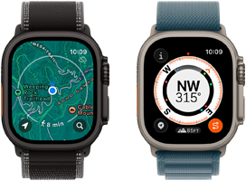 To Apple Watch Ultra 3-enheter vises. Den ene viser kart, og den andre viser Spor tilbake-funksjoner som kompass, høyde og merkede rutepunkter.
