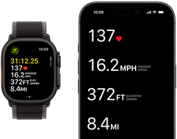 Målinger fra en aktiv treningsøkt vises på Apple Watch Ultra 3 og iPhone.