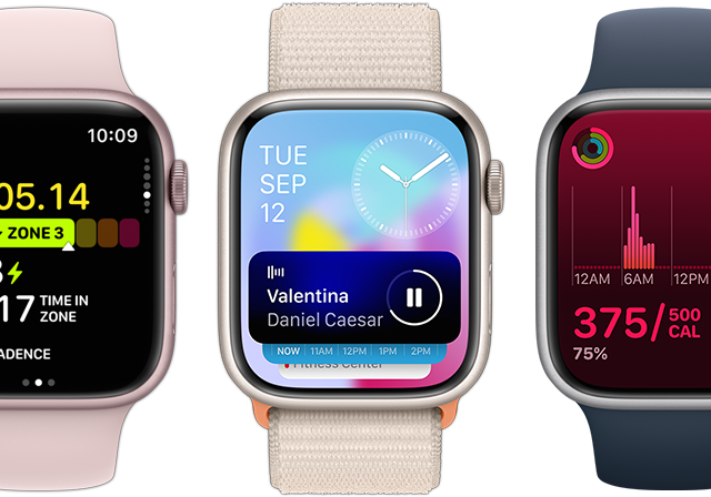 Fem Apple Watch-enheder vist forfra, som viser, hvordan der nu er endnu flere oplysninger på hver skærm takket være WatchOS 10-opdateringen.