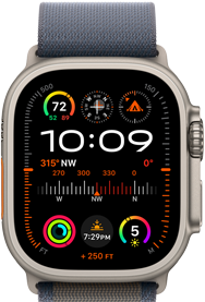 Apple Watch Ultra 2 med en blå Alpine Loop-rem. Urskiven viser forskellige komplikationer, blandt andet GPS, temperatur, kompas, højde og målinger af fysisk aktivitet