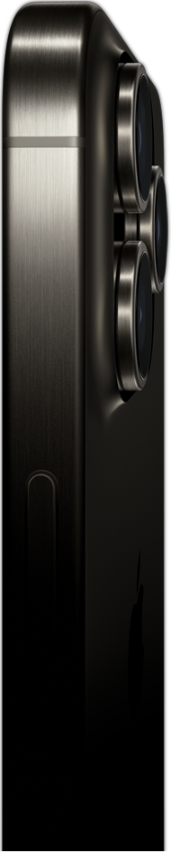 iPhone 15 Pro Max i titaniumdesign vist fra siden med fokus på afbryderknappen