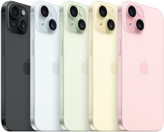 iPhone 15, taustapuolella näkyy edistyksellinen kamerajärjestelmä ja värikyllästetty lasi kaikissa värivaihtoehdoissa: musta, sininen, vihreä, keltainen, pinkki.