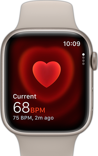 Apple Watch som viser en pulsmåling, sett forfra.